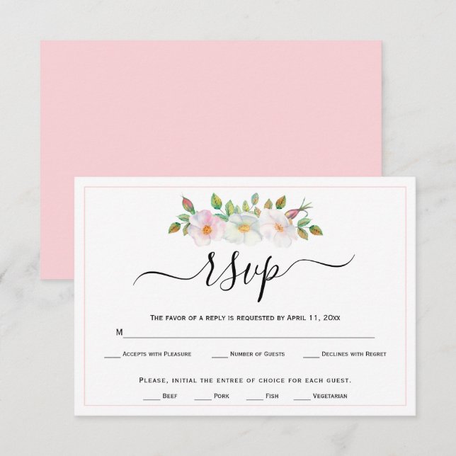 Mariage floral blanc, rose rose chien sauvage RSVP (Devant / Derrière)