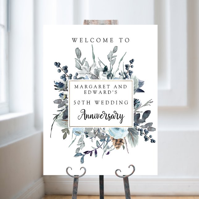 Mariage Floral bleu Affiche de bienvenue anniversa (Créateur téléchargé)