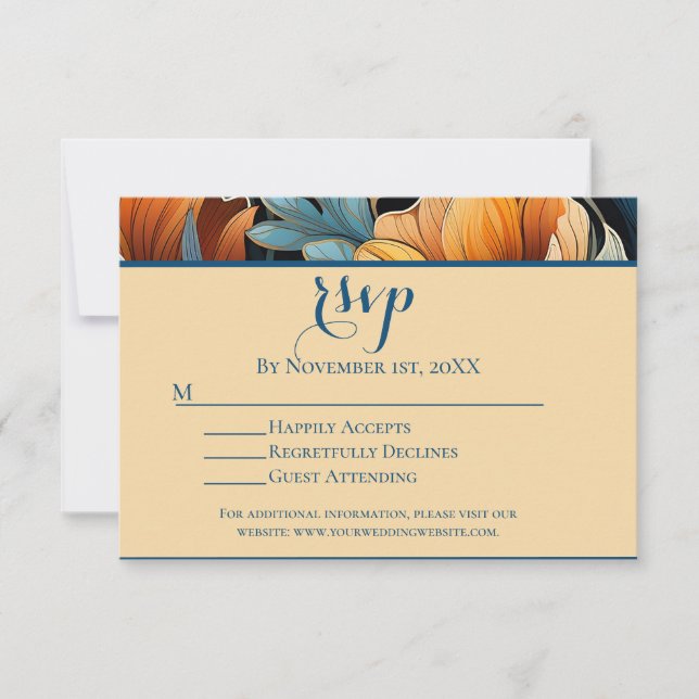 Mariage floral bleu et orange brûlé moderne RSVP (Devant)