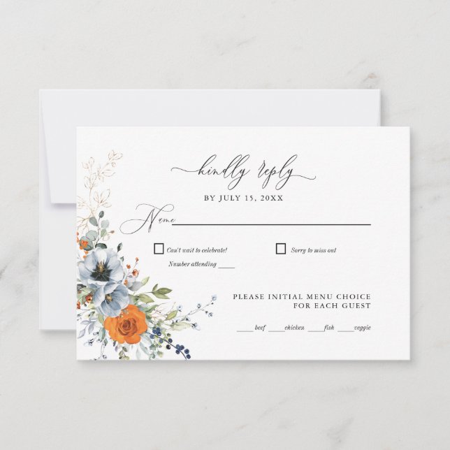 Mariage floral bleu et orange RSVP (Devant)