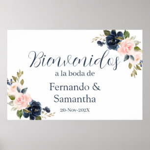Mariage floral bleu marine Affiche de bienvenue es