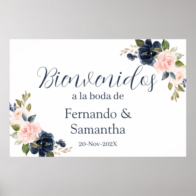 Mariage floral bleu marine Affiche de bienvenue es (Devant)