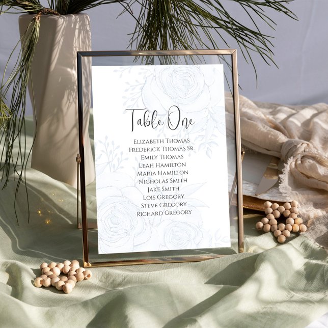 Mariage floral bleu Numéro de table personnalisé (Elegant Wedding table number sign with guests names and table number. )