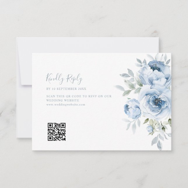 mariage floral bleu poussiéreux code QR carte RSVP (Devant)