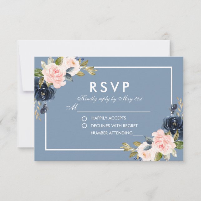 Mariage floral bleu-rose-duché RSVP (Devant)