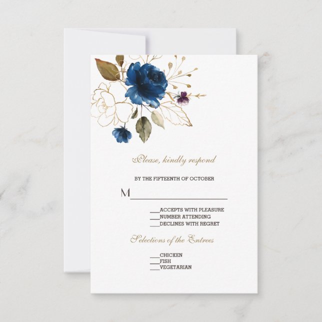 Mariage floral en or bleu blanc blanc RSVP (Devant)