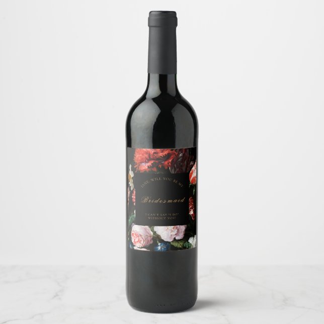 Mariage floral foncé Bridesmaid Étiquette de vin (Devant)