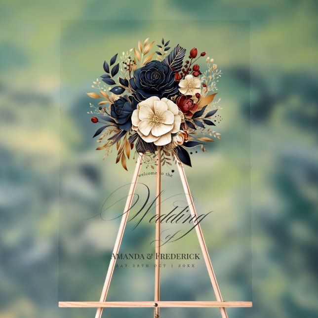 Mariage Floral Gold, Navy et Bourgogne Bienvenue (Neutre)