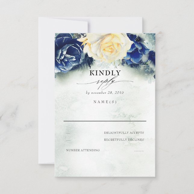 Mariage floral jaune et bleu marine RSVP (Devant)