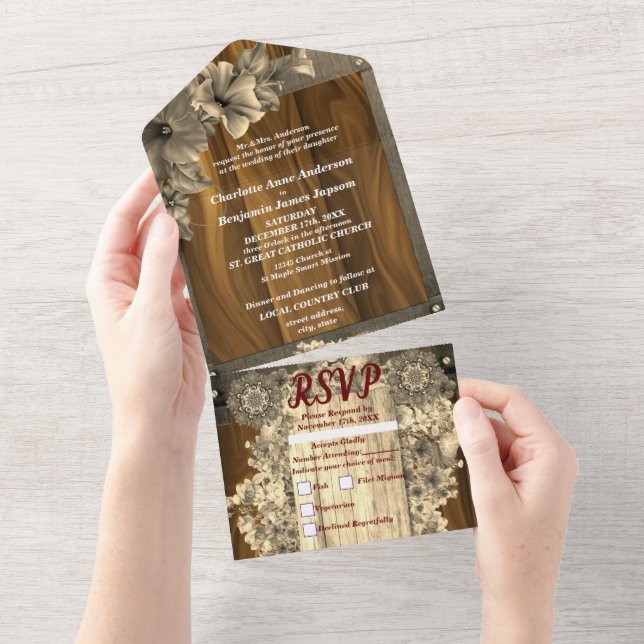 Mariage Floral Or Rustique Tout en une invitation (Déchirure)