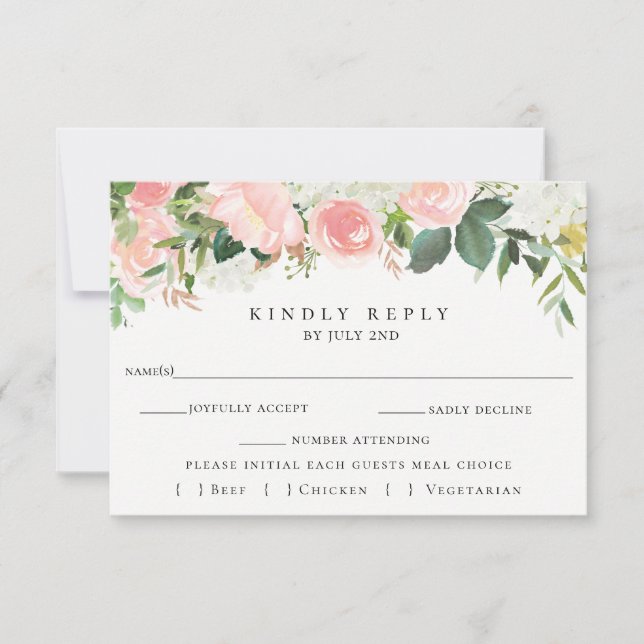 Mariage Floral Rose RSVP Avec Carte Choix De Repas (Devant)