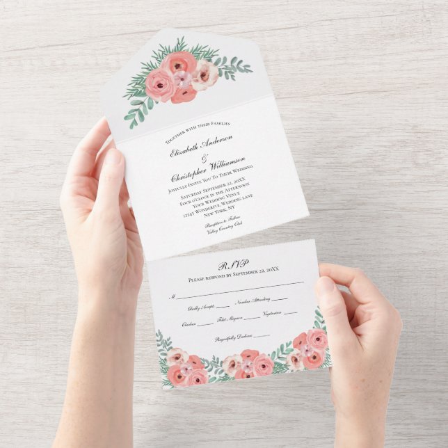Mariage Floral Rose Vert Tout En Une Invitation (Déchirure)
