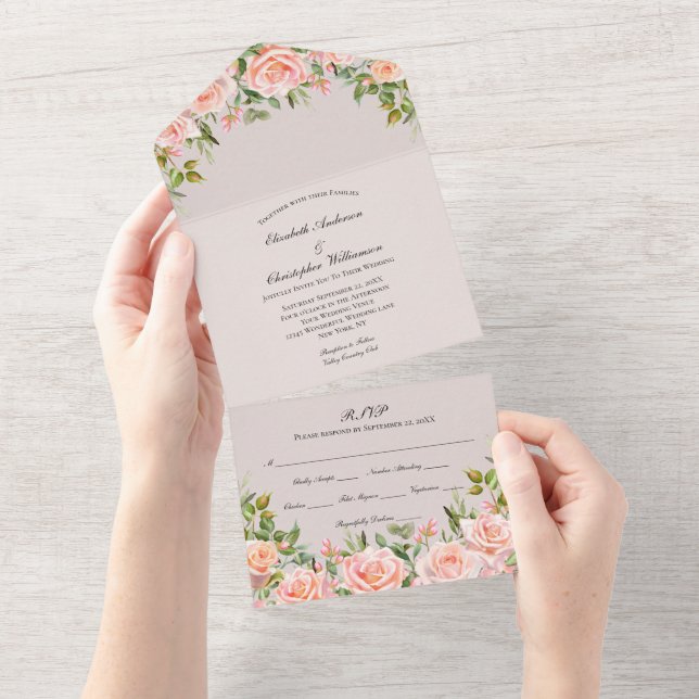 Mariage Floral Rose Vive Tout En Une Invitation (Déchirure)