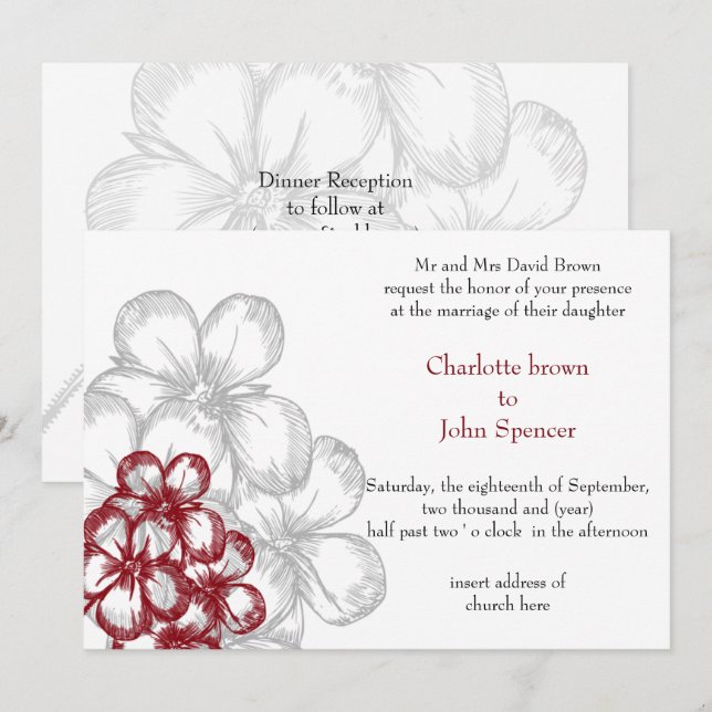 mariage floral rouge Invitations (Devant / Derrière)