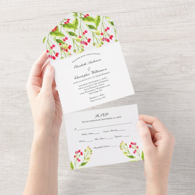Mariage Floral Rouge Rose Tout en une invitation (Déchirure)
