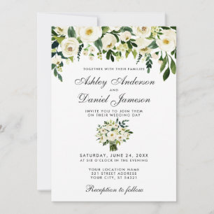 Mariage Floral Vert Aquarelle blanche Invitation