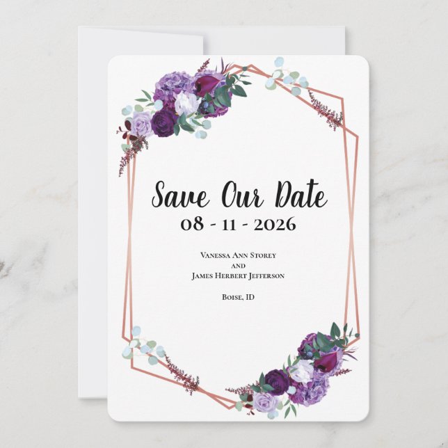 Mariage floral violet Faire-part Enregistrer la da (Devant)