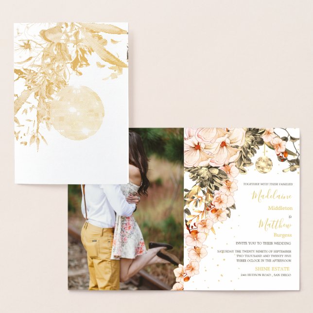 Mariage Gold Foil Floral Disco Élégante Invitation (Affichage)