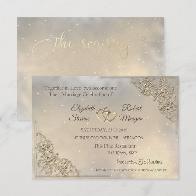 Mariage Gold Hearts & Registre Invitation (Devant / Derrière)