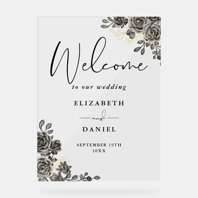 Mariage Gothique Noir Et Or Floral Bienvenue (Recto)