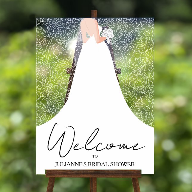 Mariage Gown et Fête des mariées Rose (Bride in her wedding gown with white rose pattern background  bridal shower acrylic welcome sign)