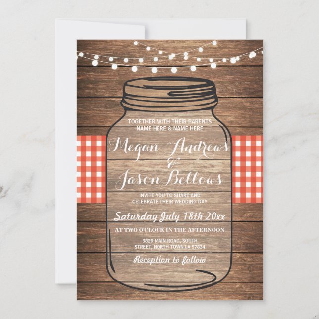 Mariage Jar Wood Rustic Red En vichy Invitation (Devant)
