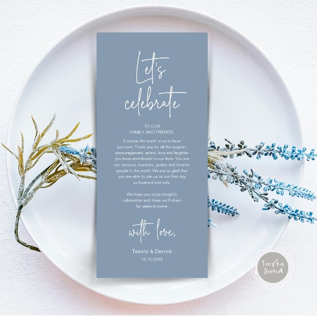Mariage Lieu Cadre Dîner Fête Carte de remerciemen (Modern Wedding Dinner Place Setting Dinner Party Thank You Card, Let's Celebrate, Dusty Blue)