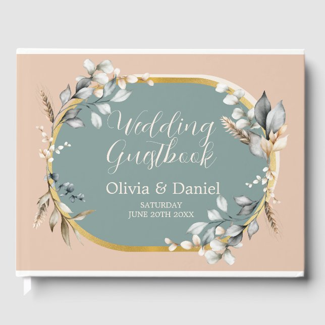 Mariage Livre d'hôtes Neutres Coton Turquoise Feui (Recto)