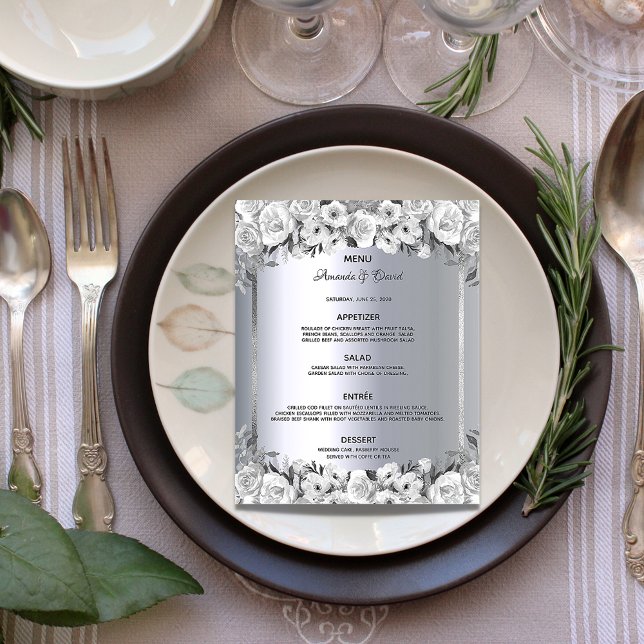 Mariage Menu argent métal blanc roses élégant (Créateur téléchargé)