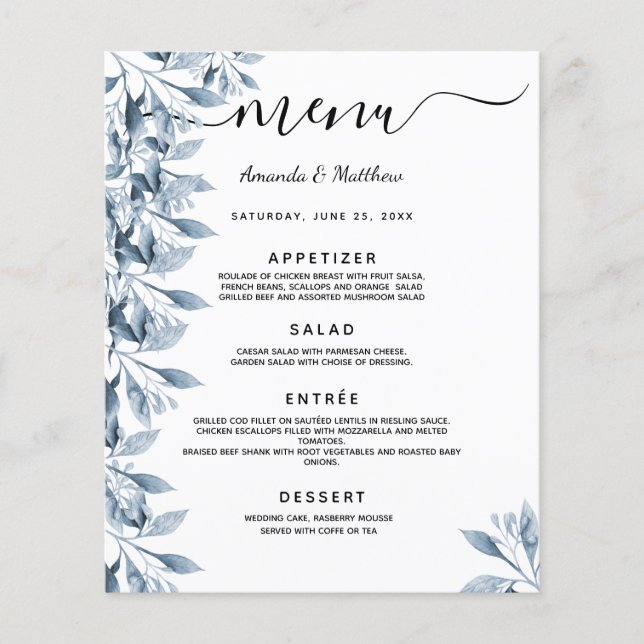 Mariage Menu bleu floral blanc (Devant)