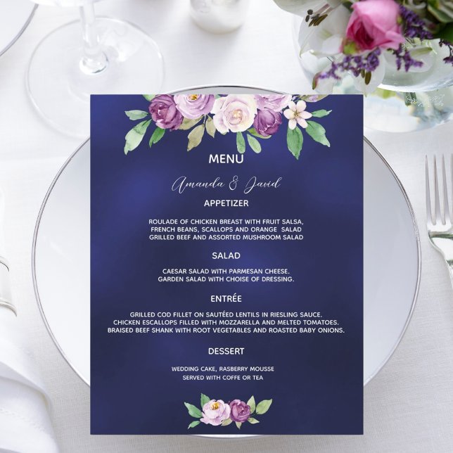Mariage Menu bleu marine flûtes violet (Créateur téléchargé)