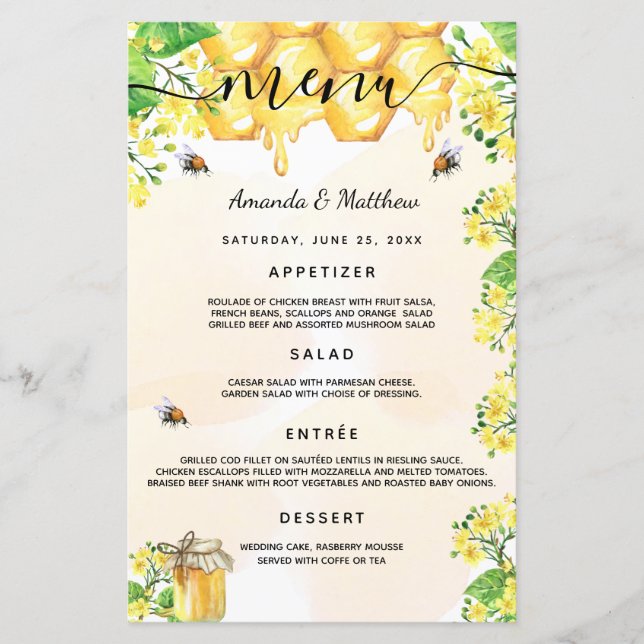 Mariage Menu bumble abeilles fleur de nid d'abeill (Devant)