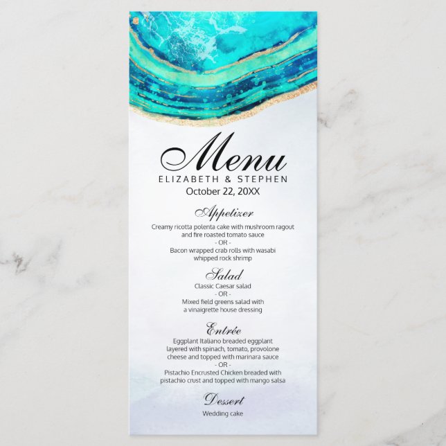 Mariage Menu Chic Aquarelle Turquoise Gold Agate G (Devant)