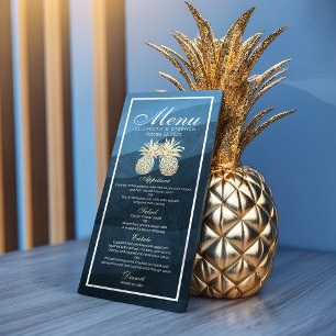 Mariage Menu Chic Gold Ananas Couple Marine Bleu