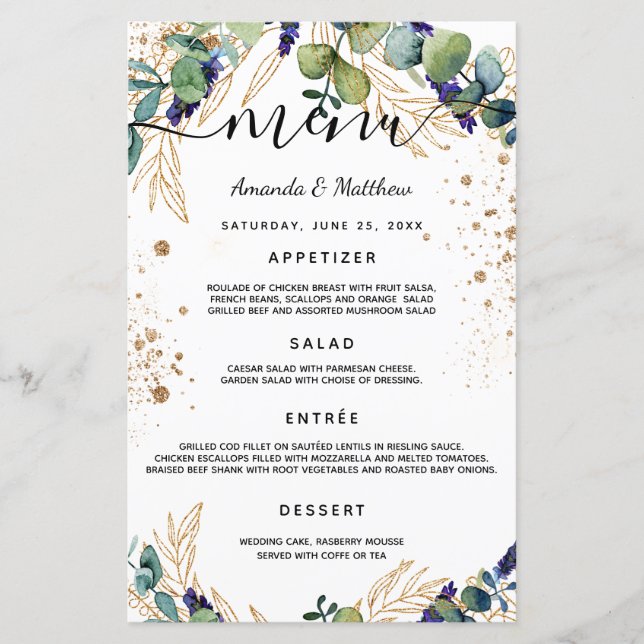 Mariage Menu eucalyptus verdure parties scintillan (Devant)