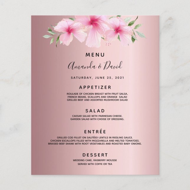 Mariage Menu Fleurs roses rose poussiéreux (Devant)