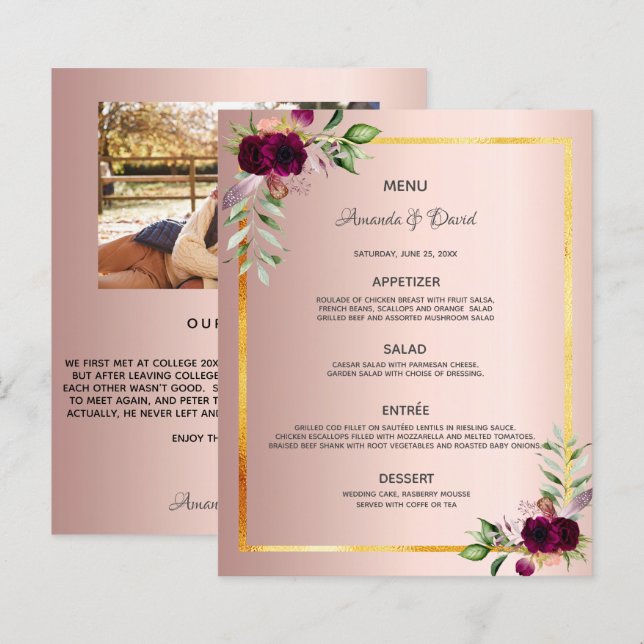 Mariage Menu floral rose or photo notre histoire (Devant / Derrière)