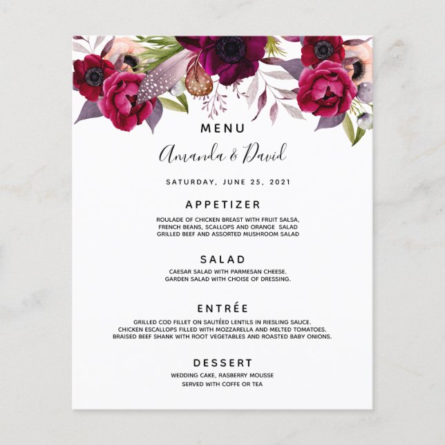 Mariage Menu florale blanc bordeaux (Devant)