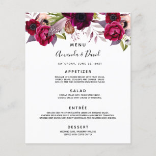Mariage Menu floraux blanc bordeaux cassis violet