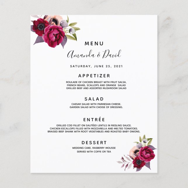 Mariage Menu floraux blanc bordeaux cassis violet (Devant)