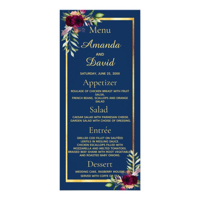 Mariage Menu floraux bleu marine bordeaux (Devant)
