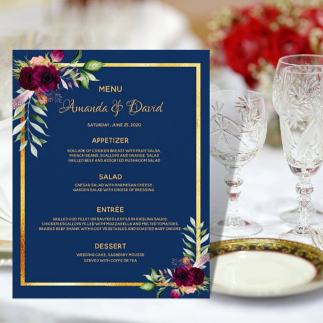Mariage Menu floraux bleu marine bordeaux (Créateur téléchargé)