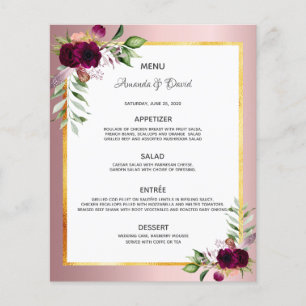 Mariage Menu floraux bordeaux duvet rose élégant