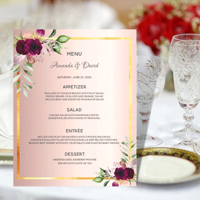 Mariage Menu floraux Bourgogne rose or élégant (Créateur téléchargé)