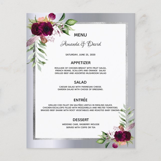 Mariage Menu flores bordeaux argent élégant (Devant)