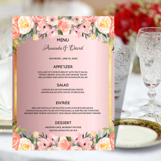 Mariage Menu flores roses poussiéreuses rose or él (Créateur téléchargé)
