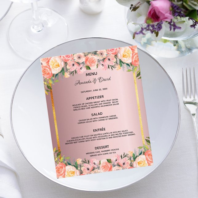 Mariage Menu rose floral poussiéreux rose or photo (Créateur téléchargé)