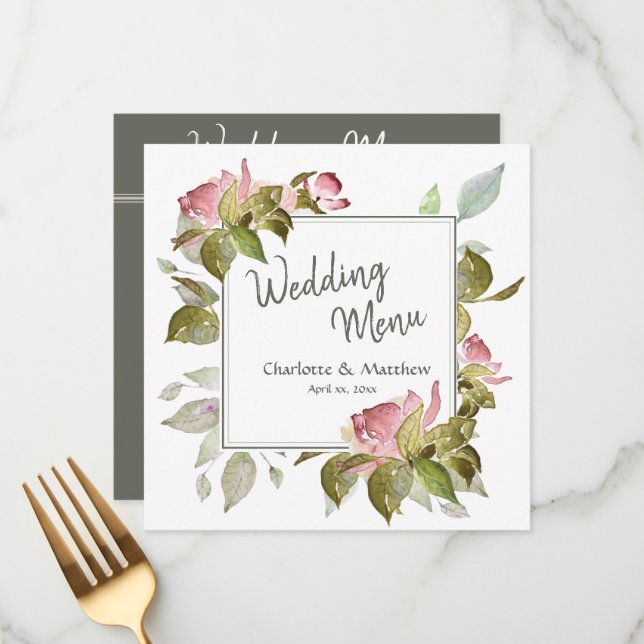 Mariage Menu Roses aquarelle (Devant/Arrière en situation)