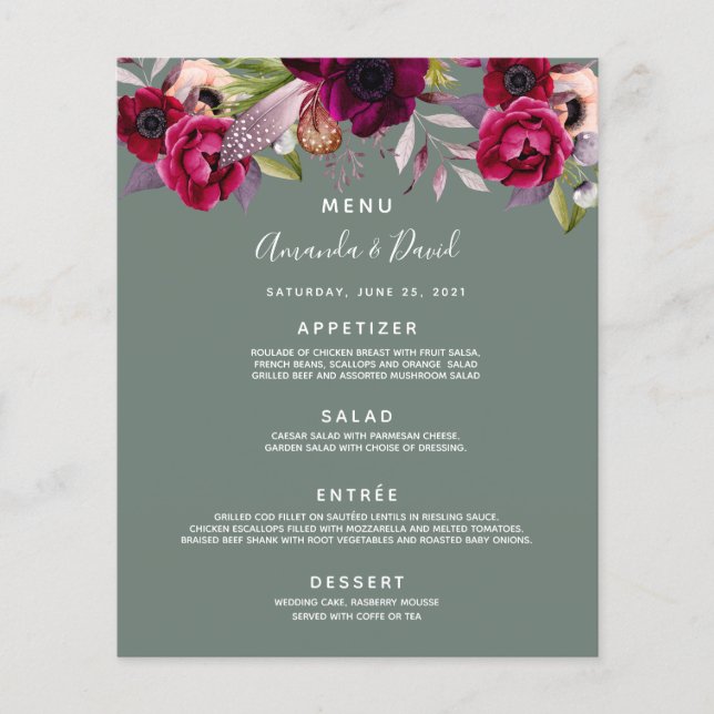 Mariage Menu Sauge fleurs vertes bordeaux (Devant)