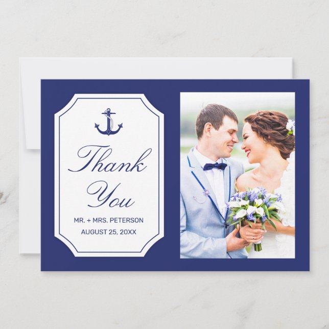 Mariage Merci Ancre nautique Carte photo bleu (Devant)